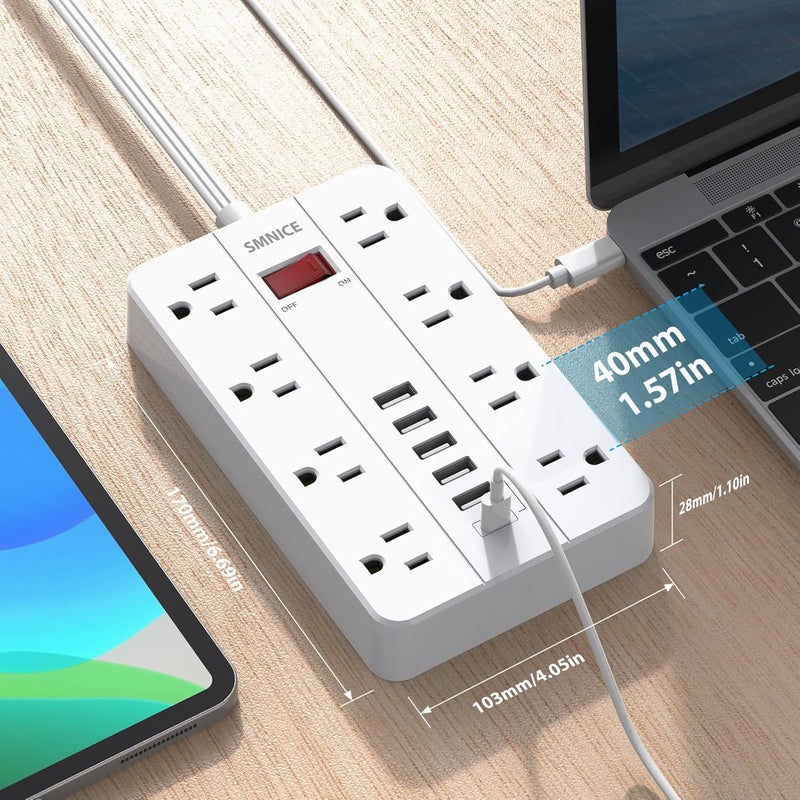 SMNICE موزع طاقة مع USB، واقي من زيادة التيار مع قابس مسطح يحتوي على 8 مآخذ متباعدة و 6 منافذ USB (1 USB C)، سلك تمديد بطول 5 أقدام قابل للتعليق على الحائط للهواتف والأجهزة اللوحية وأجهزة الكمبيوتر المحمولة والعديد من الأجهزة - Image 5